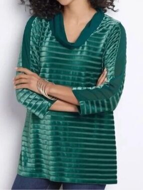 < Soft Surroundings Meri Green Velvet Striped Tunic Top >